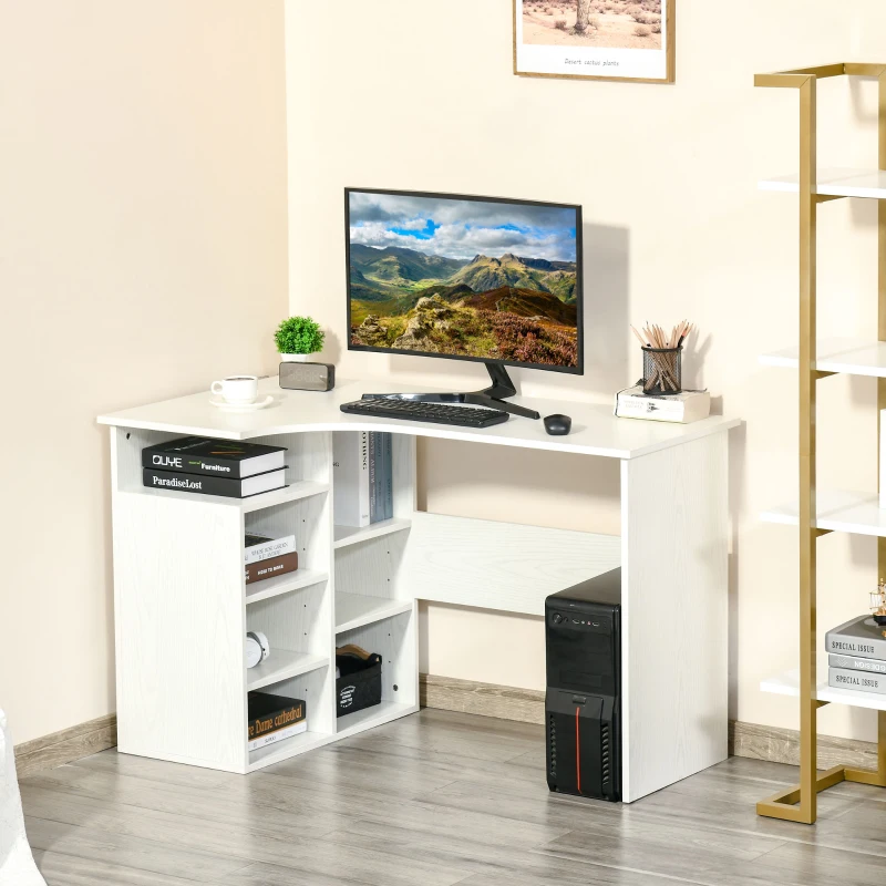 HOMCOM 47.25" L-Shaped Computer Desk, Writing Desk, Corner Desk with Storage Shelves for Home Office, Study, White