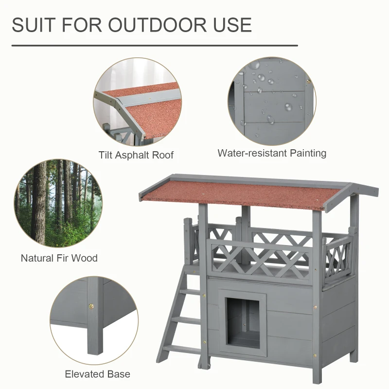 PawHut Wooden Cat House, 2-Floor Feral Cat Shelter, Kitten Condo Outdoor, Small Dog House with Balcony, Stairs, Asphalt Roof, Gray