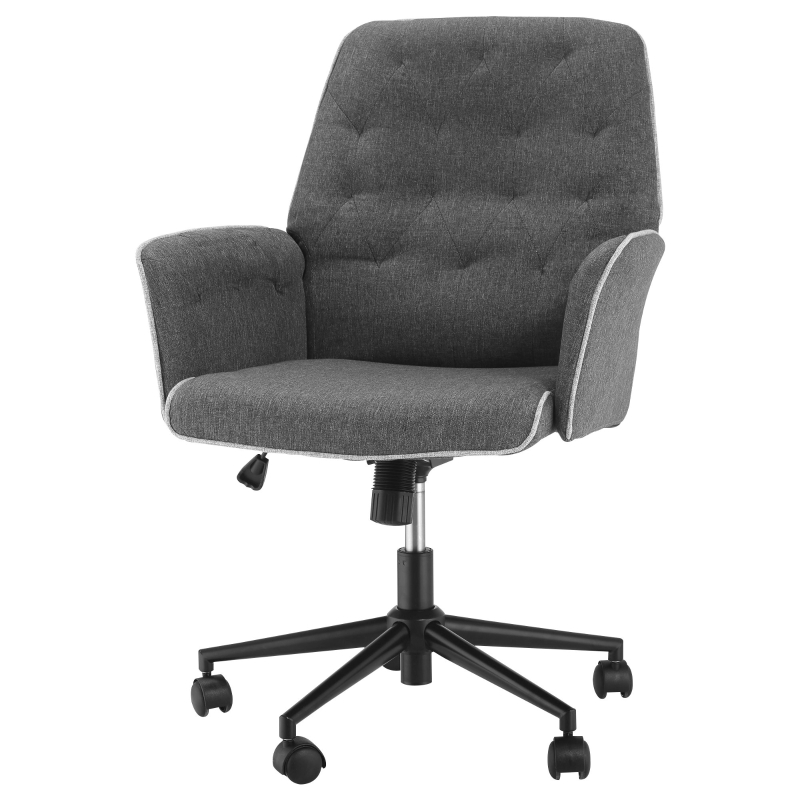 HOMCOM Linen Computer Desk Chair Tufted Height Adjustable Home Office Chair with Swivel Wheels and Padded Armrests Dark Gray