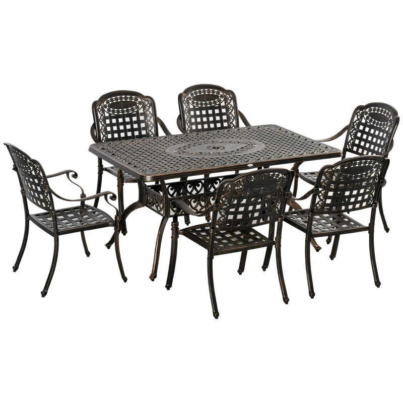 Outsunny 7-Piece Patio Dining Set, Cast Aluminum Outdoor Furniture Set with 6 Armchairs, 1 Table and Umbrella Hole, Bronze