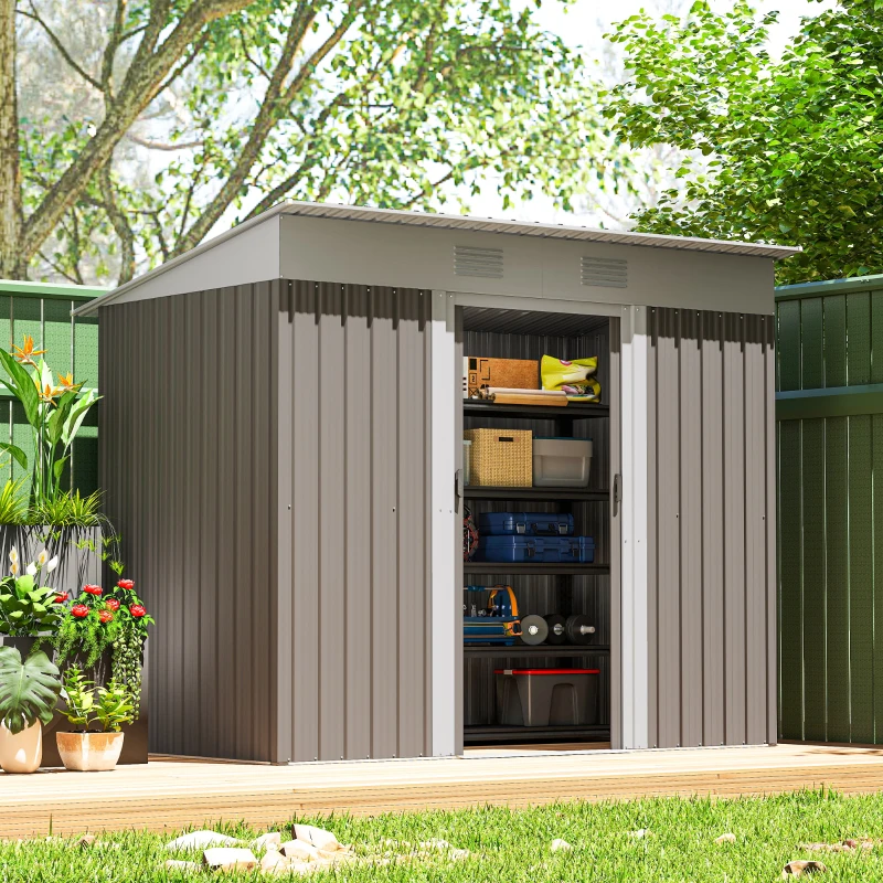 Outsunny 7' x 4' Metal Garden Shed, Backyard Tool Storage Shed with Dual Locking Doors, 2 Air Vents and Steel Frame, Light Gray