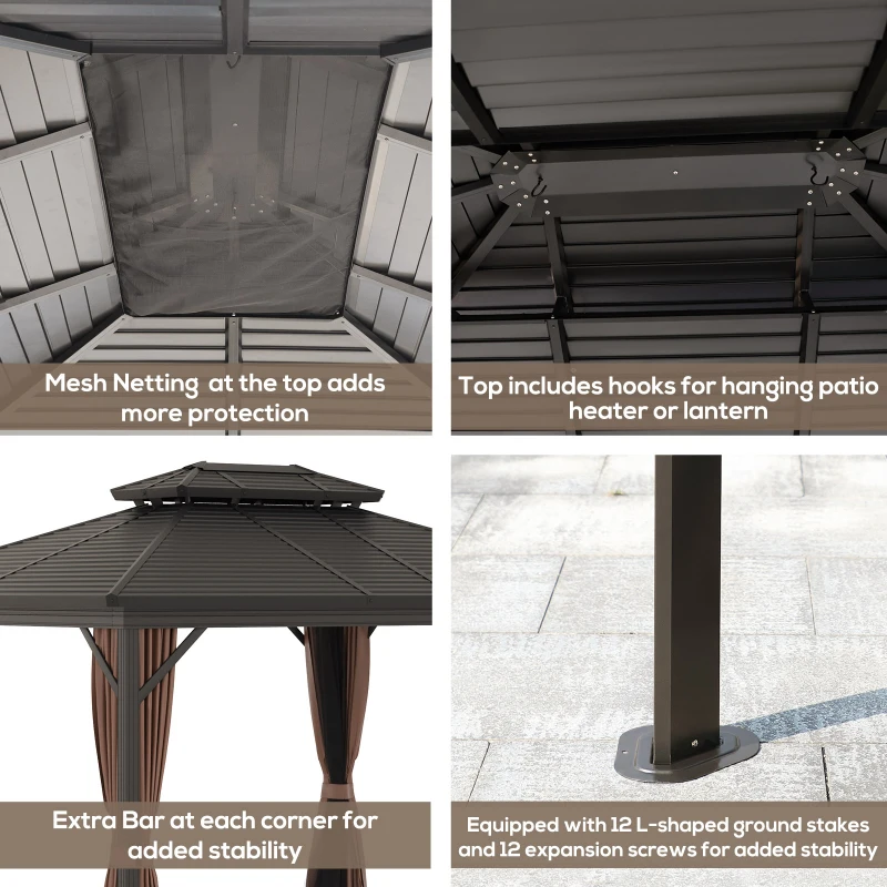 Outsunny 10' x 12' Hardtop Gazebo with Curtains and Netting, Permanent Pavilion Metal Double Roof Gazebo Canopy with Aluminum Frame and Hooks, for Garden, Patio, Backyard, Brown