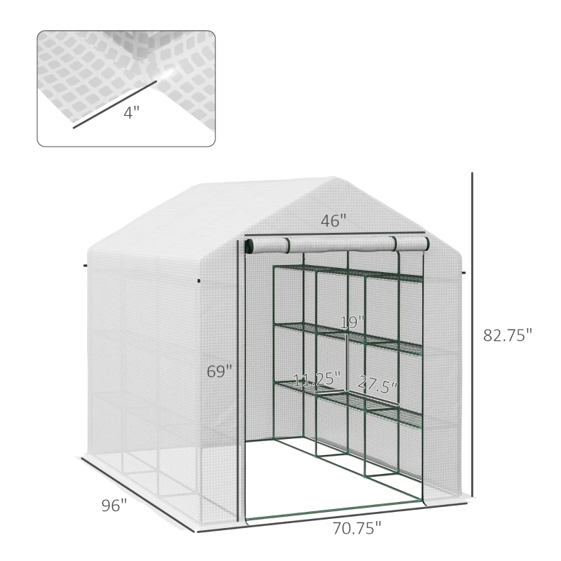 Outsunny Outdoor Walk-in Greenhouse with Roll-up Zipper Door, 18 Shelves, PE Cover, 95.25" x 70.75" x 82.75", White