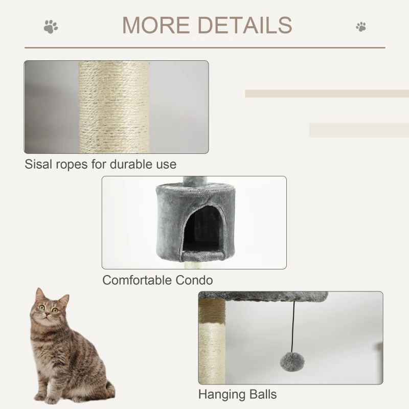 PawHut 100" Cat Tree Height Adjustable Floor-to-Ceiling 4-Tier Kitty Climbing Activity Center Condo Cat Toy with Scratching Post Hanging Balls Play Rest Post Pet Furniture Grey