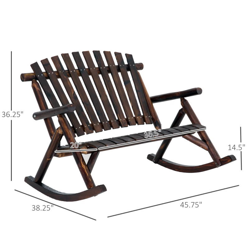 Outsunny Wooden Porch Rocking Chair, Wood Double Adirondack, Rocker for Indoor or Outdoor with High Rise Slatted Back, Carbonized