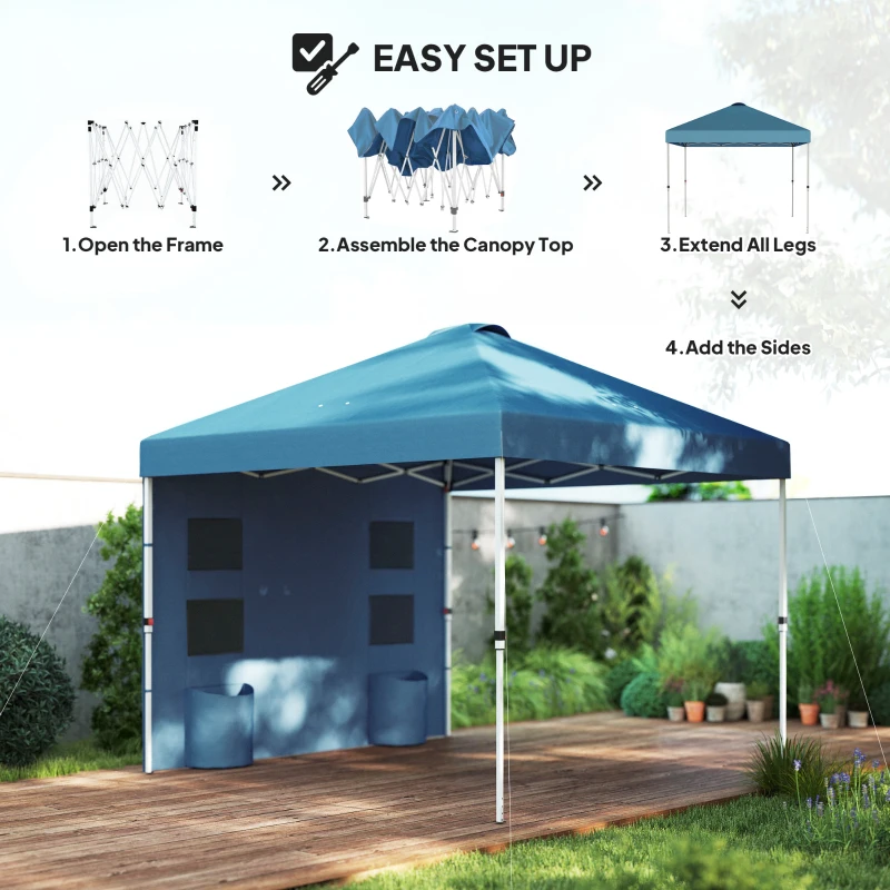 Outsunny 10' x 10' Pop Up Canopy Tent w/ Sidewall, UPF50+ Height Adjustable Instant Sun Shelter w/ Storage Pockets, Sea Blue