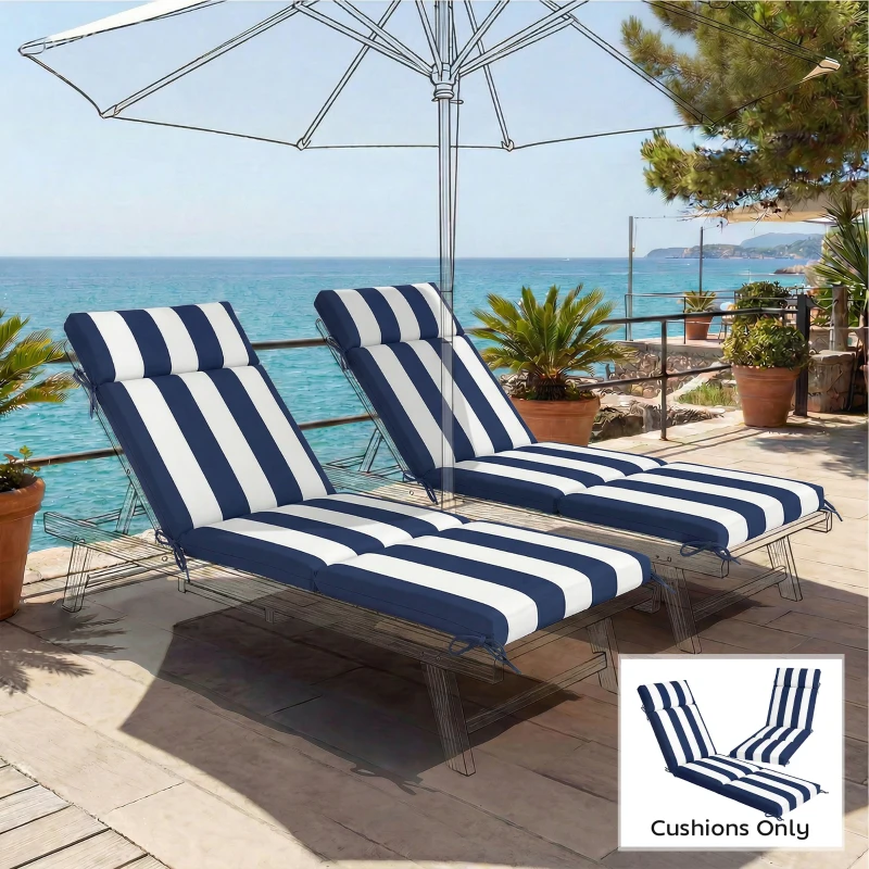 Outsunny Outdoor Chaise Lounge Cushions Set of 2 with 6 Ties, High-Density Foam, for Patio and Poolside, Dark Blue and White