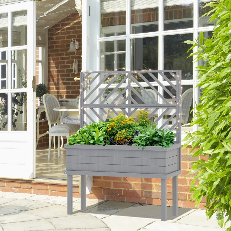 Outsunny Elevated Wood Planter with Trellis for Climbing Plants, Raised Garden Bed with Legs and Drainage Holes, Gray