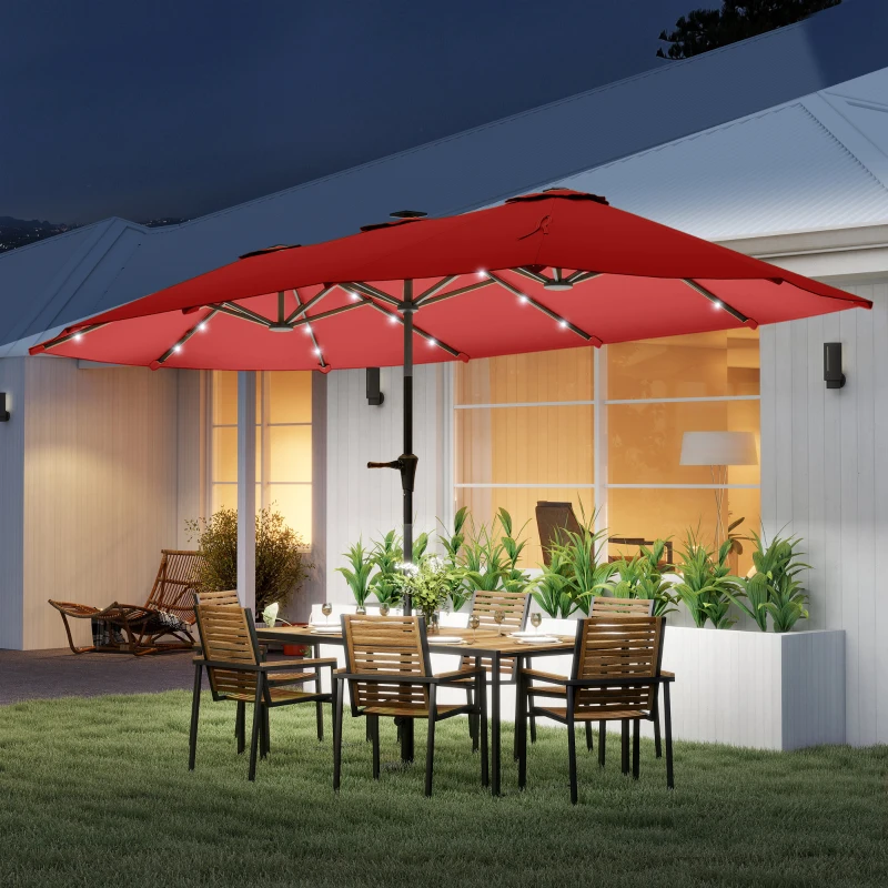 Outsunny 13ft Double-Sided Market Umbrella, Large Patio Umbrella with Solar Lights, Crank Handle for Garden, Pool, Yard, Wine Red