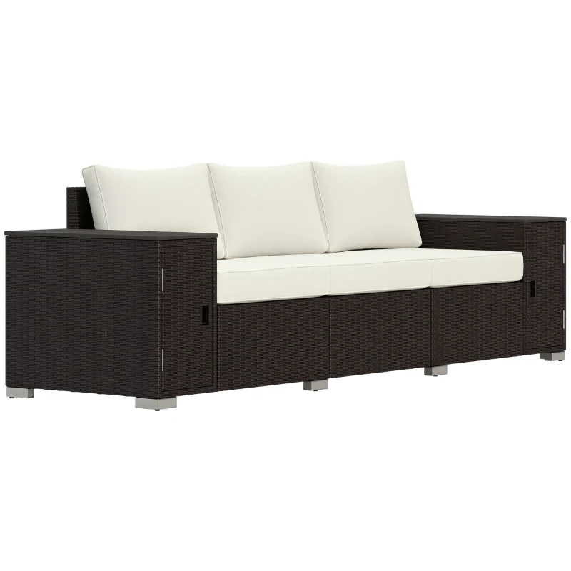 Outsunny 3 Seater Wicker Outdoor Couch Patio Sofa with Storage, Thickened Cushions and Wide Armrests for Porch Yard, Cream White