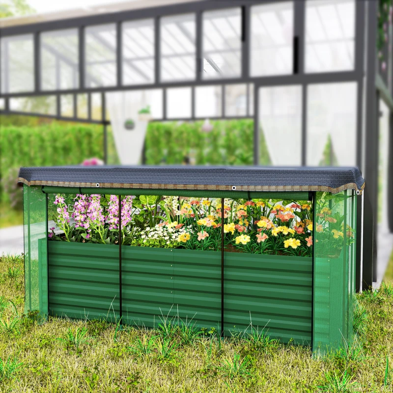 Outsunny Galvanized Steel Planter Box with Crop Cage and Shade Cloth, Raised Garden Bed for Flowers, Veggies and Herbs, Green