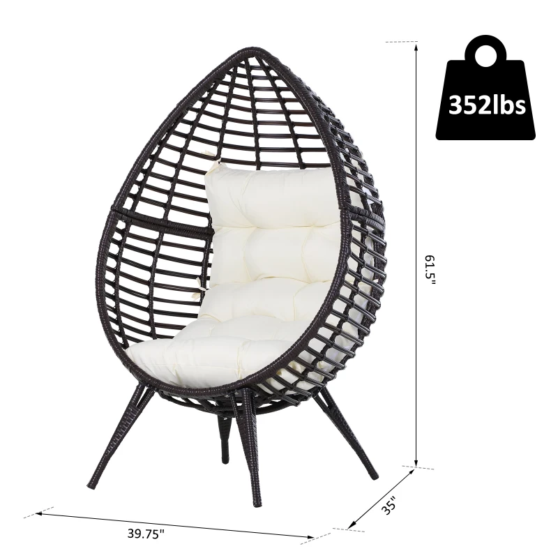 Outsunny Wicker Egg Chair, Oversized Indoor Outdoor Boho Lounge, Hand-Woven Water-Safe PE Rattan Furniture with Cushion, Beige
