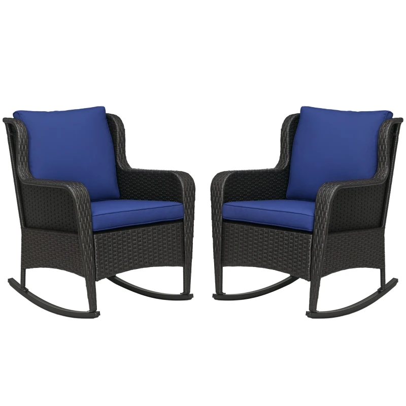 Outsunny 2 Piece Outdoor Wicker Rocking Chairs, Rattan Rockers with Cushions, Steel Frame for Patio, Garden, Backyard, Dark Blue