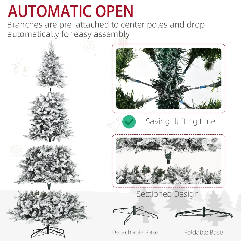 HOMCOM 9 Foot Pine Snow Flocked Artificial Christmas Tree with 616 Realistic Cedar Branches, Auto Open, Green