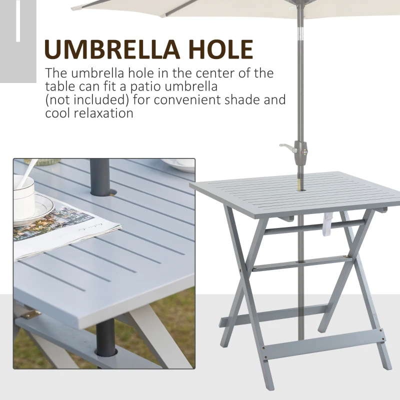 Outsunny Foldable Dining Table, Square Wood Side Table, Portable Bistro Table with Umbrella Hole for Outdoor Patio, Garden or Backyard, Grey
