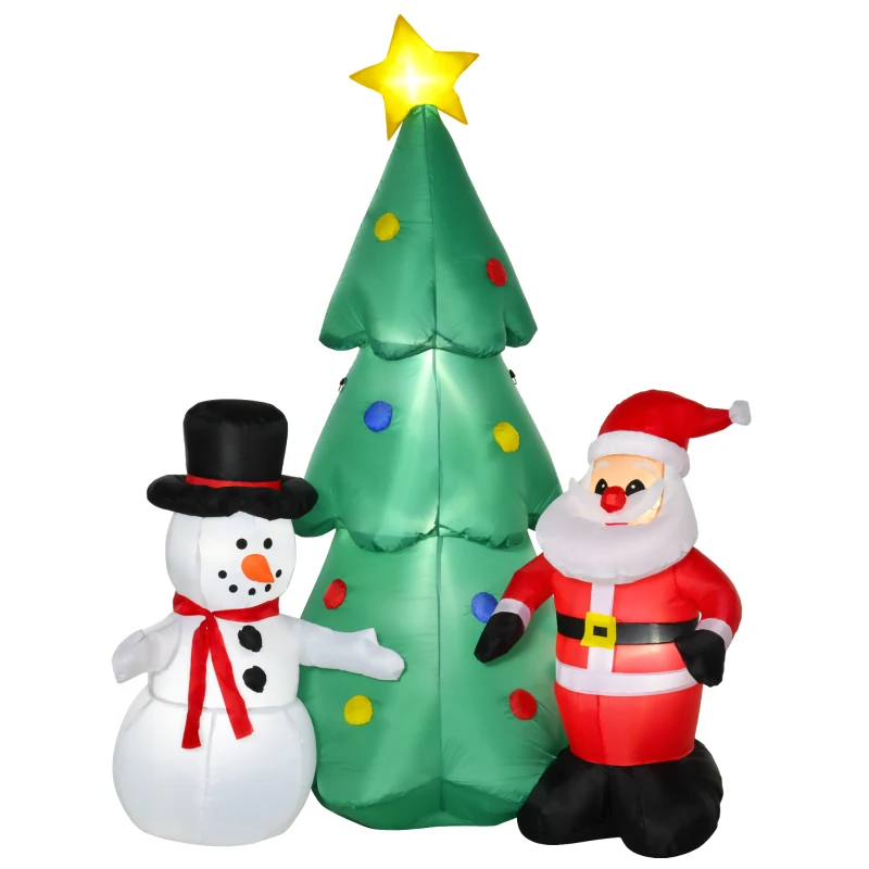HOMCOM 6ft Christmas Inflatable Santa Claus and Snowman with Christmas Tree, Outdoor Blow-Up Yard Decoration with LED Lights Display