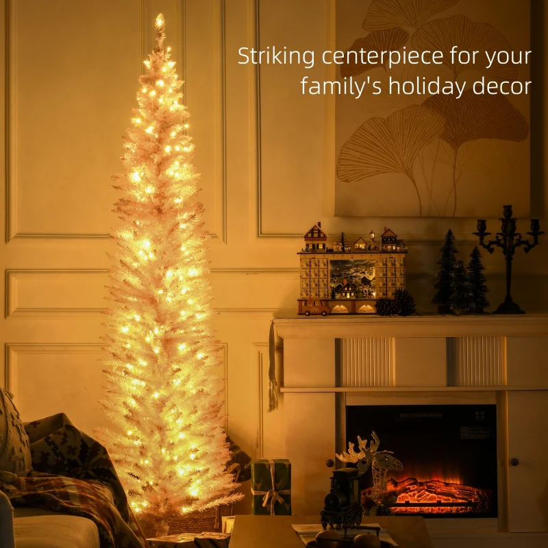 HOMCOM 7ft Pencil Christmas Tree, Slim Artificial Christmas Tree with Realistic Branches and Warm White LED Lights, Pink