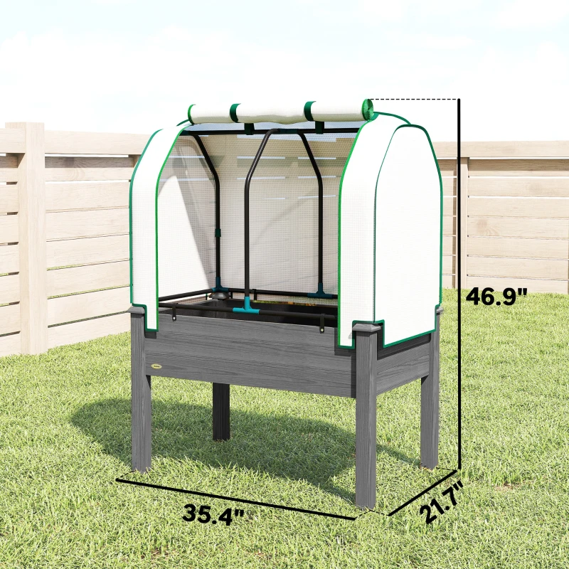 Outsunny Raised Garden Bed with PE Greenhouse Cover Outdoor Planter Box for Herbs and Vegetables, 35 x 22 x 47 inch, Dark Gray