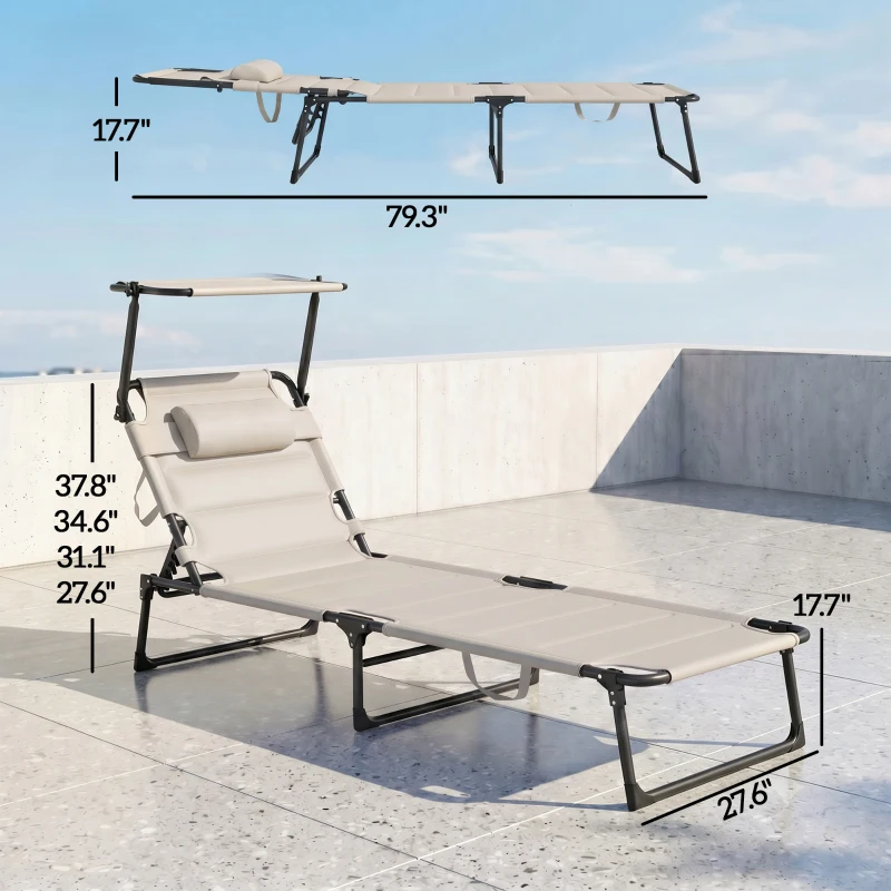Outsunny 2 Pcs Outdoor Lounge Chair, 4 Position Adjustable Backrest, Folding, Cushioned w/ Sun Shade Roof & Pillow, Cream White