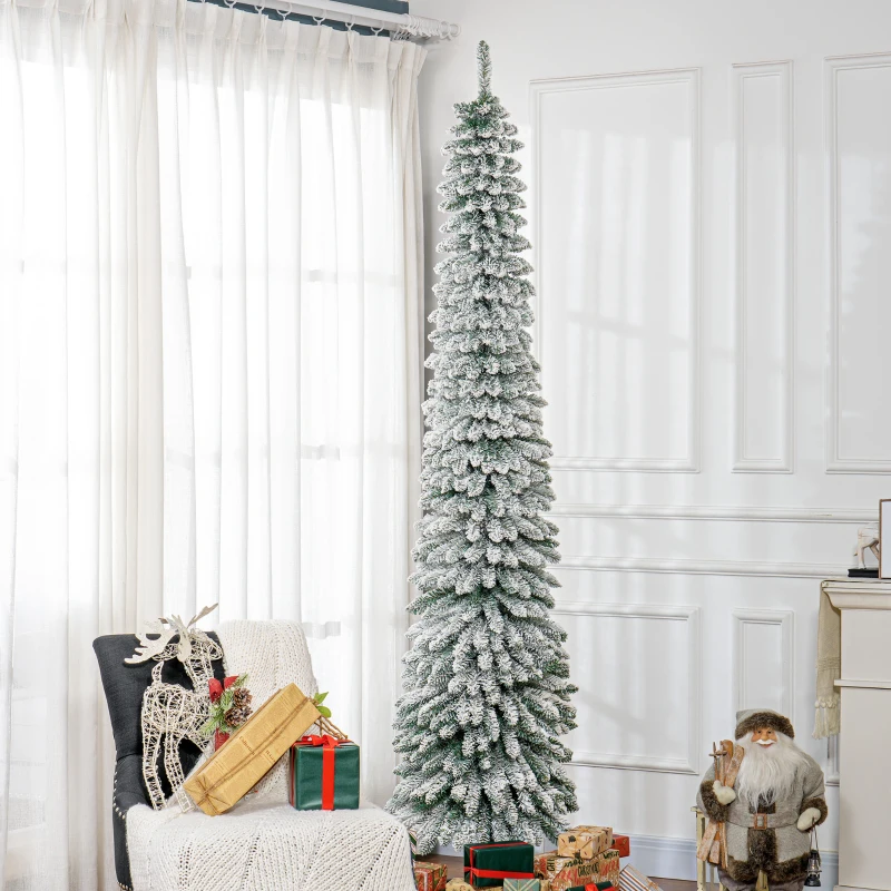 HOMCOM 8' Tall Unlit Slim Pencil Xmas Tree, Snow Flocked Artificial Christmas Tree with Realistic Branches and 603 Tips, Green