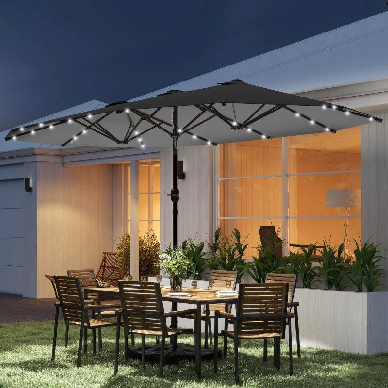 Outsunny Garden Parasol 14.4ft Double-Sided Sun Umbrella with Base, Patio Parasol with LED Solar Lights, Gray