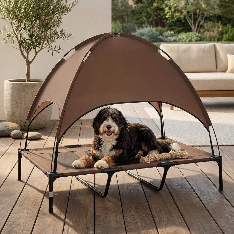 PawHut 48" x 36" Elevated Portable Dog Cot Cooling Pet Bed with UV Protection Canopy Shade, Coffee