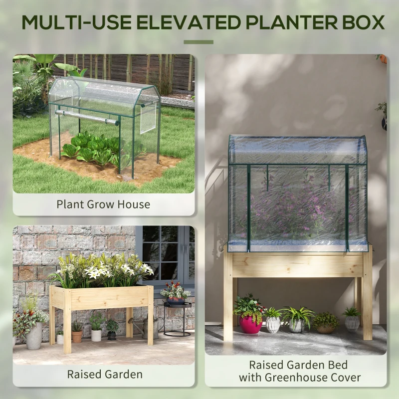 Outsunny Raised Garden Bed with Plastic Greenhouse Cover Outdoor Planter Box for Herbs and Vegetables, 45x24x65 inch Natural