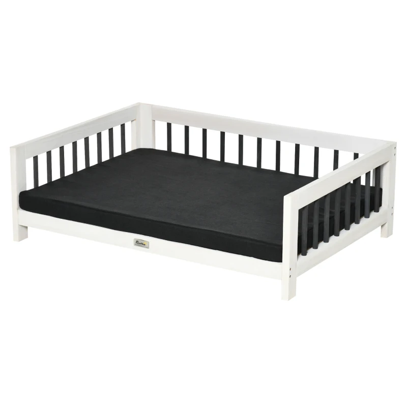 PawHut Wood Dog Bed with Supportive Cushion, Elevated Dog Bed with Removable Cushion Cover, Cute Dog Bed Frame with Pine Wood, Black and White Dog Bed