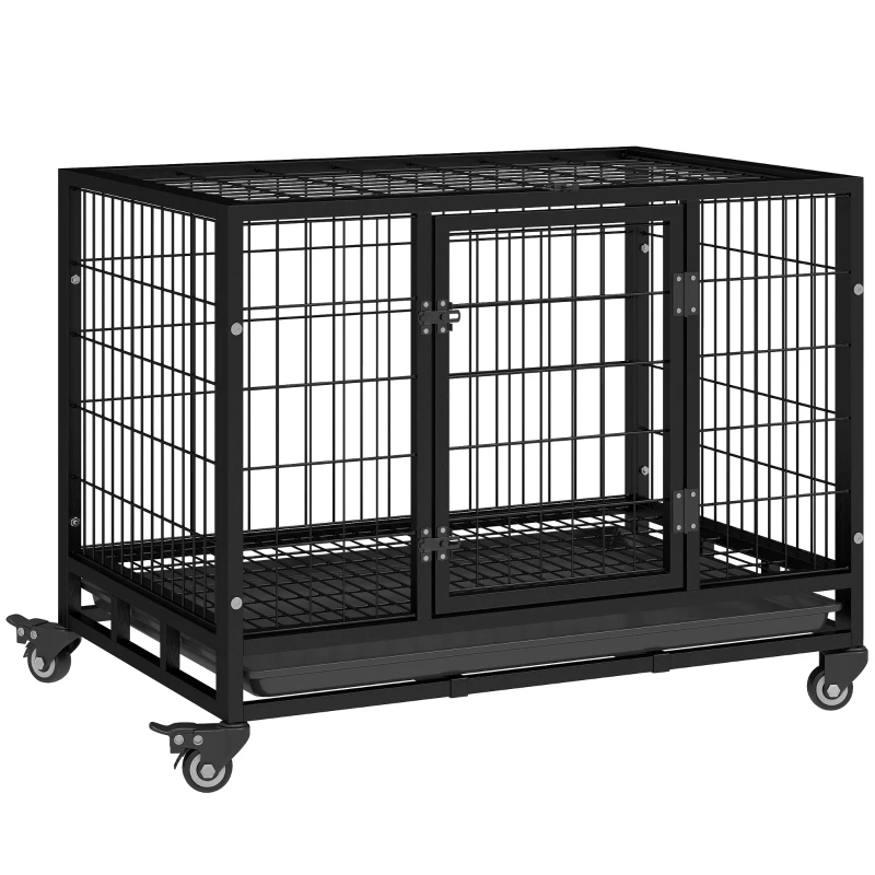 PawHut 36" Heavy Duty Dog Crate with Removable Tray, Lockable Wheels and Double Door, for Medium and Large Dogs, Black