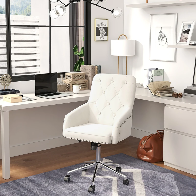 HOMCOM Modern Mid-back Desk Chair with Button Tufted Velvet Back, Nailhead Trim, Swivel Home Office Chair with Adjustable Height, Curved Padded Armrests, White