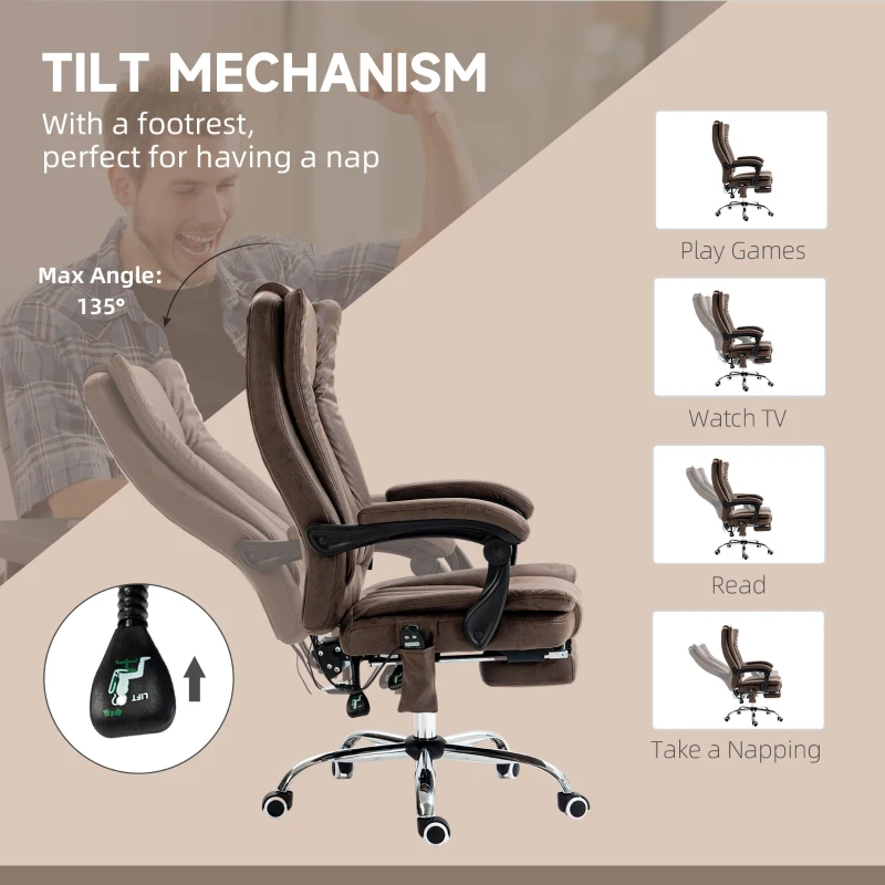 Vinsetto Massage Office Chair with 6 Points and Heat, Reclining Computer Chair with Adjustable Height and Footrest, Coffee