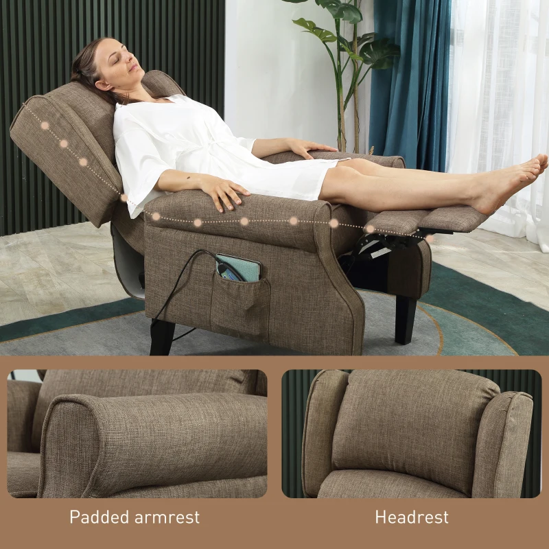 HOMCOM Vibration Massage Recliner Chair for Living Room with Heat,  Wingback Single Sofa, Modern Linen Fabric Push Back Reclining Chair with Footrest, Side Pocket, Brown