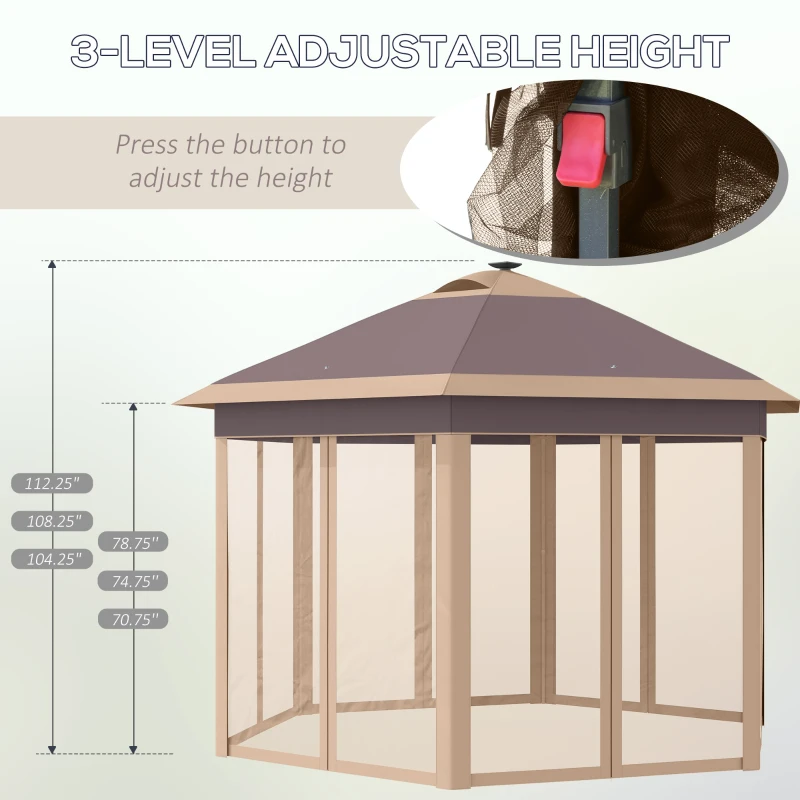 Outsunny 11' x 13' Pop up Gazebo with Netting & Solar LED Lights, Instant Portable Gazebo Shelter, Hexagonal Outdoor Canopy Tent Screen House Room with Carry Bag, Beige