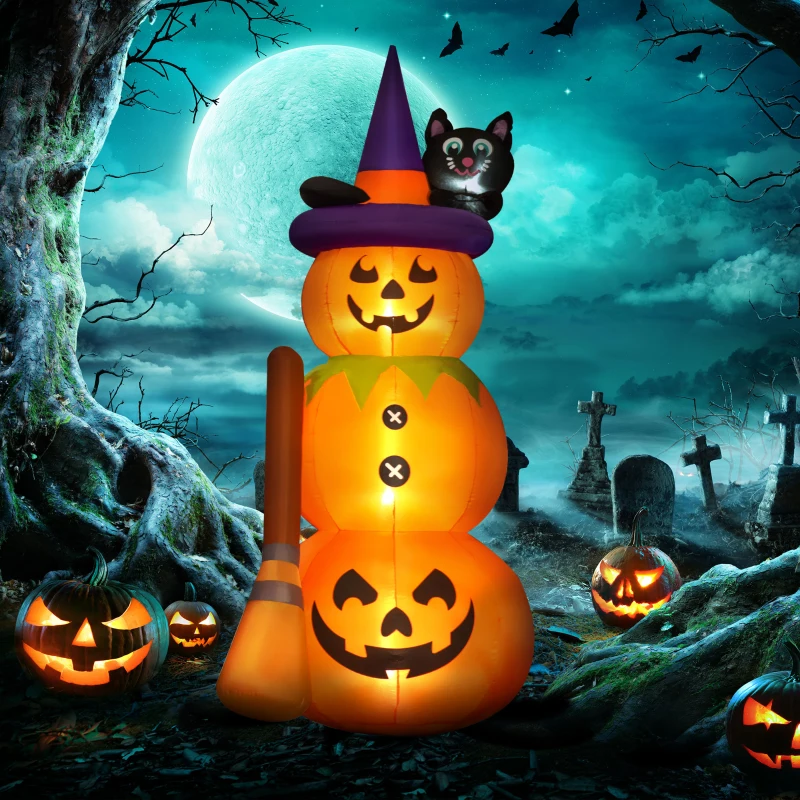 Outsunny 6' Cute Halloween Decoration Inflatable Pumpkin Man with Black Cat and Broom, Blow-Up LED Yard Display Indoor Outdoor