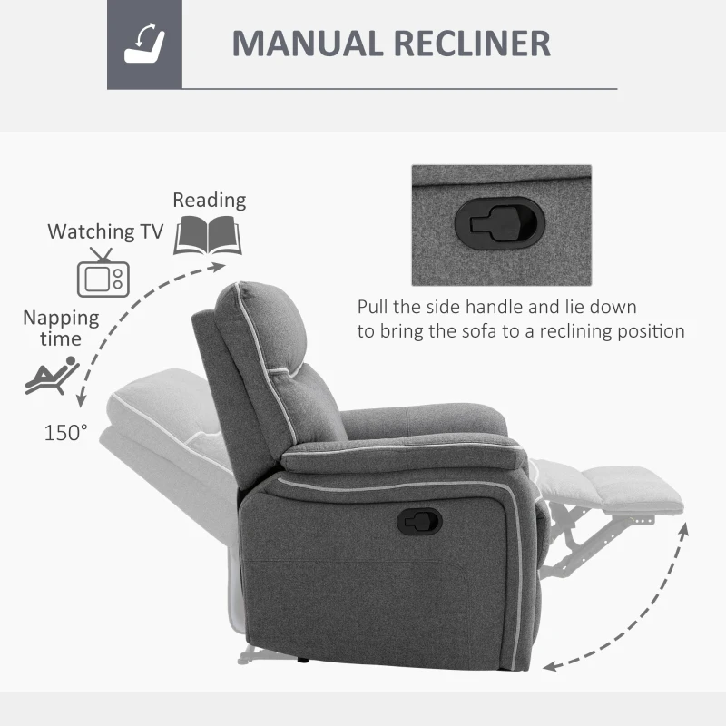 HOMCOM Manual Recliner Armchair with Thick Padded Headrest, Back and Footrest and Adjustable 150 Degree Angle, Grey