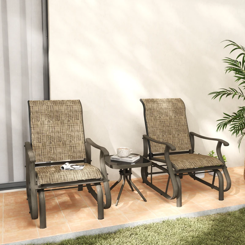 Outsunny 3-Piece Outdoor Gliders Set Bistro Set with Steel Frame, Tempered Glass Top Table for Patio, Garden, Light Mixed Brown