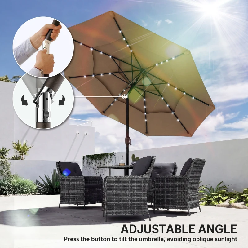 Outsunny 9.7 ft Outdoor Patio Umbrella with Solar LED Lights, 3 Tier Outdoor Table Umbrella with Tilt, Crank, Khaki