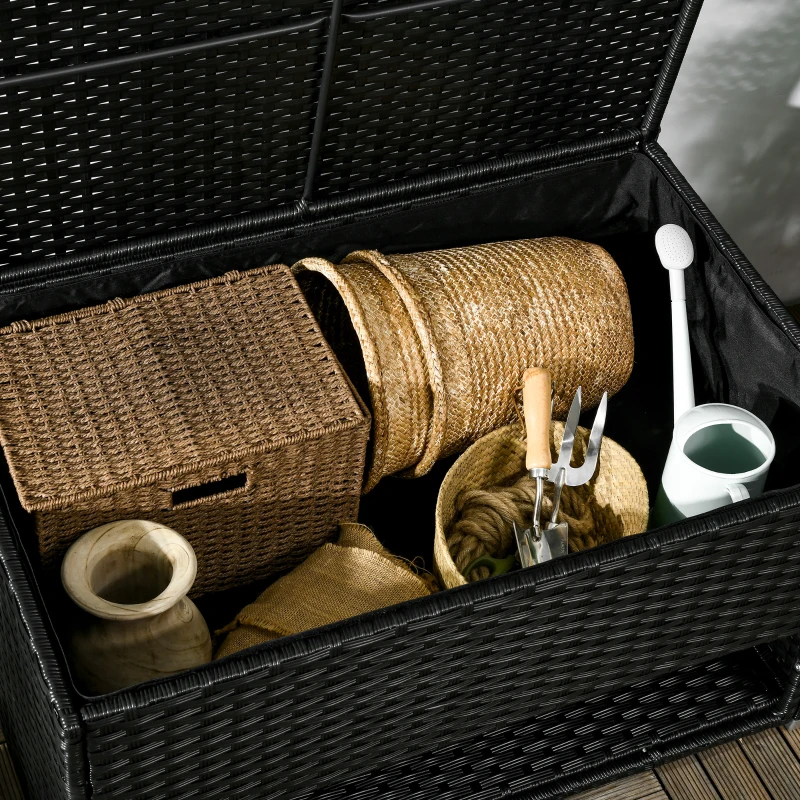 Outsunny Outdoor Deck Box & Shoe Storage, PE Rattan Wicker Towel Rack with Liner for Indoor, Outdoor, Patio Furniture Cushions, Pool, Garden Tools, Black