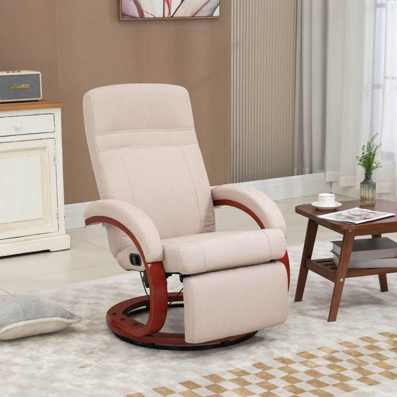 HOMCOM Manual Recliner Chair for Adults, Adjustable Swivel Recliner with Footrest, Padded Arms and Wood Base for Living Room, Beige