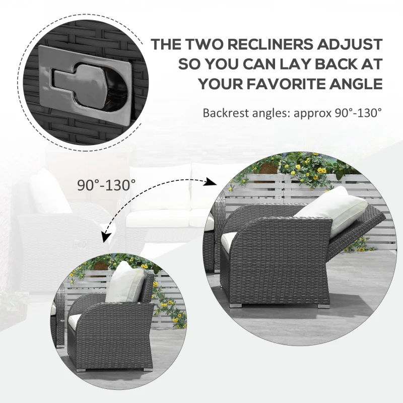 Outsunny 6-Piece Outdoor Rattan Patio Sectional Sofa Set with 3-Seat Couch, 2 Recliners, 2 Ottoman Footrests, & Coffee Table Conversation Set, Cream White