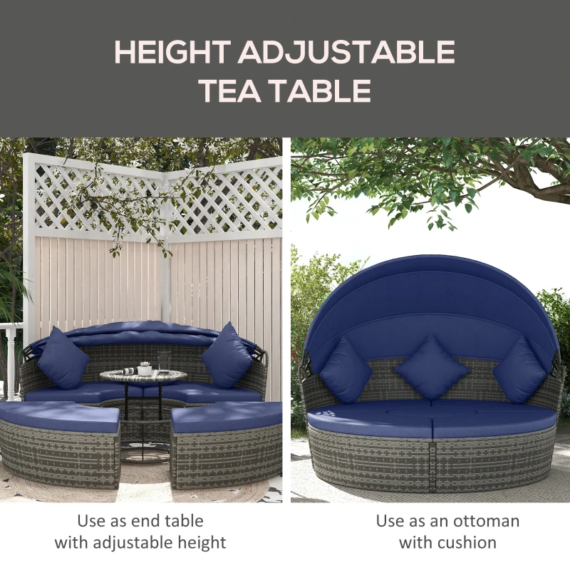Outsunny 4 Piece Round Rattan Daybed Furniture Set, Canopy, Outdoor Sofa, 2 Chairs, Extending Table Ottoman Chair, Pillows, Blue