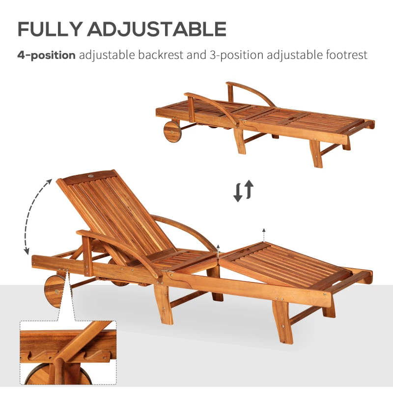 Outsunny Acacia Wood Folding Patio Sun Lounger with Wheels and Pull-Out Tray