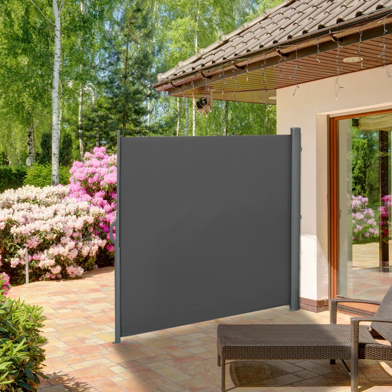 Outsunny 10' Retractable Folding Patio Privacy Side Awning with 50+ UV Protection, 2 Wall Brackets, & Polyester, Grey