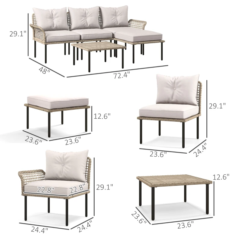 Outsunny 5-Piece Rattan Patio Furniture Set with Sofa, Chaise Lounge, Coffee Table, Footstools, Cushions, Cream White