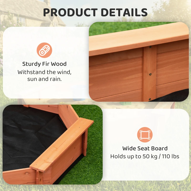 Outsunny Octagon Kids Wooden Sandbox, Outdoor Children Playset for Backyard, with polyester Cover, Seat Board, for 3-8 years old, Red, 55" x 55" x 8.5"