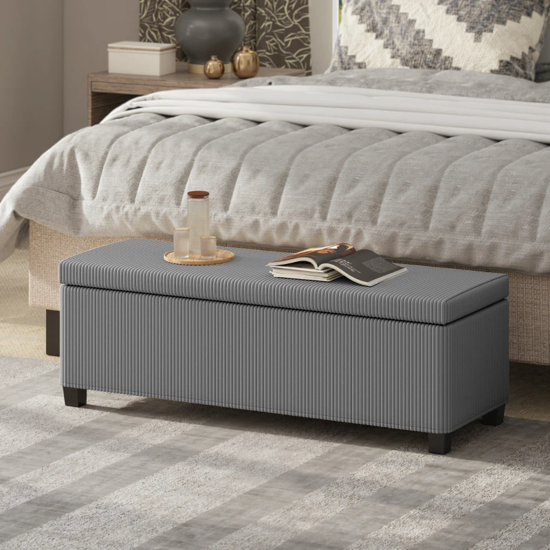 HOMCOM 47 Inches Storage Ottoman Bench, Foot Rest with Legs, End of Bed Bench, Corduroy Storage Chest for Living Room, Gray