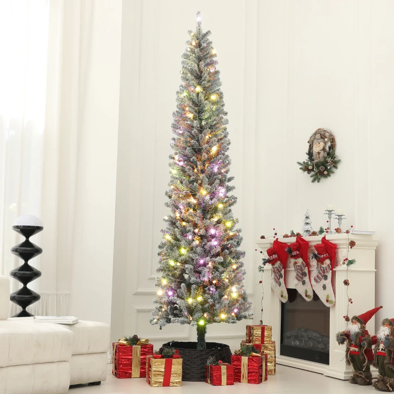 HOMCOM 9 ft Pencil Christmas Tree, Pre-Lit Flocked Xmas Tree with Dual Color LED Lights, 895 Tips and Metal Stand, Green