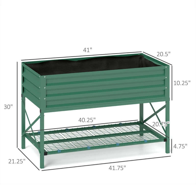 Outsunny Galvanized Raised Garden Bed, Metal Planter Box with Legs, Storage Shelf and Bed Liner, Green