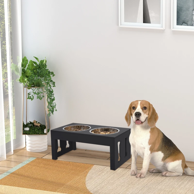 PawHut 23" Modern Decorative Raised Dog Bowls, Wooden Heavy Duty Pet Food and Water Bowl, Elevated Feeding Station, Black