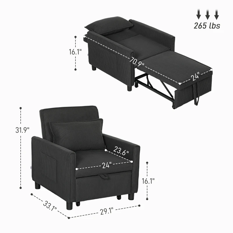 HOMCOM 3-in-1 Convertible Chair Bed, Pull Out Sofa Bed Sleeper Chair with Adjustable Backrest, Pillow, and Pockets, Dark Gray